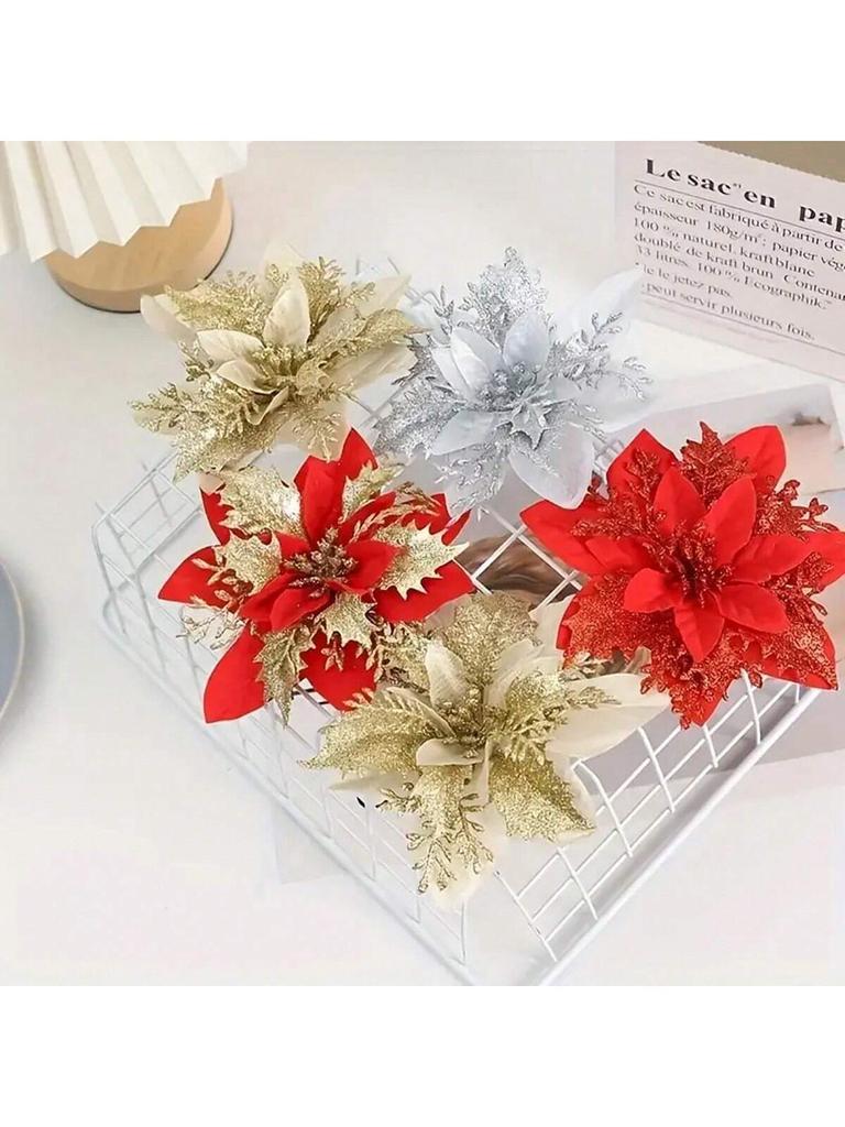 6PCS Gold Powder Christmas Flower Simulation Flower Christmas Tree Pendant Decoration Flower Wreath Accessories