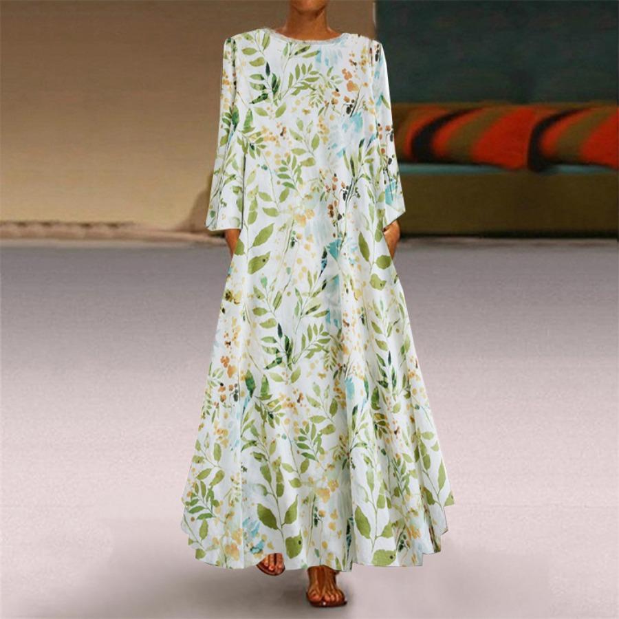 Spring Autumn Cotton Linen Vacation Pattern Maxi Dresses Holiday Travel Vintage Round Neck Long Sleeve Dress Women