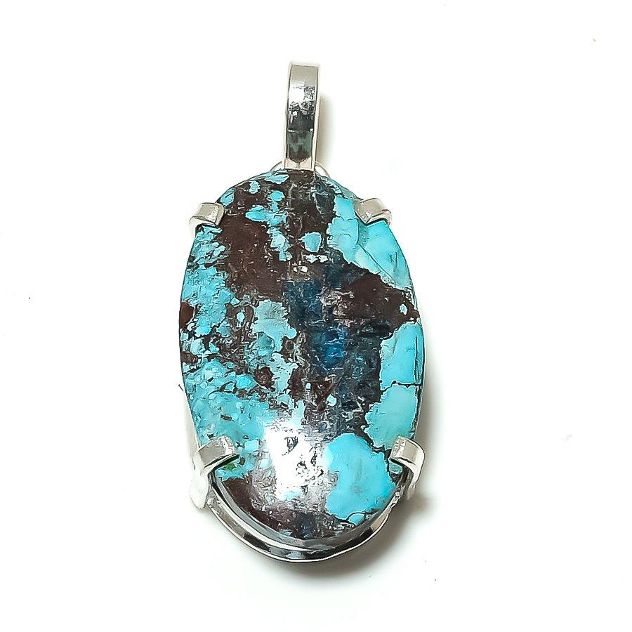 Tibetan Turquoise Gemstone Handmade 925 Sterling Silver Pendant 1.77" c7M29