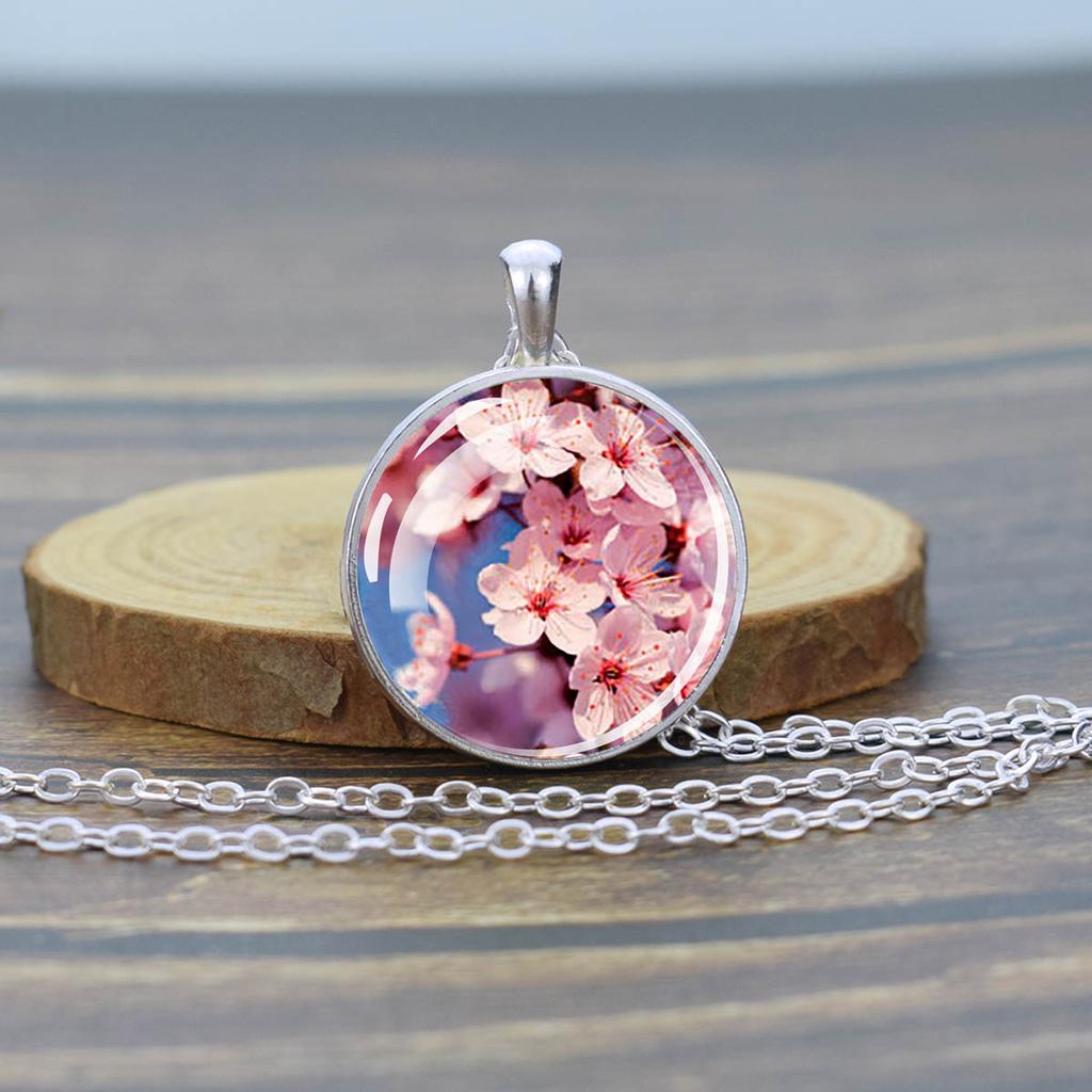 Flower Necklaces Rose Lotus Poppy Cherry Blossoms Sunflower Chains Necklace for Women Glass Cabochon Pendant Jewelry Lover Gift