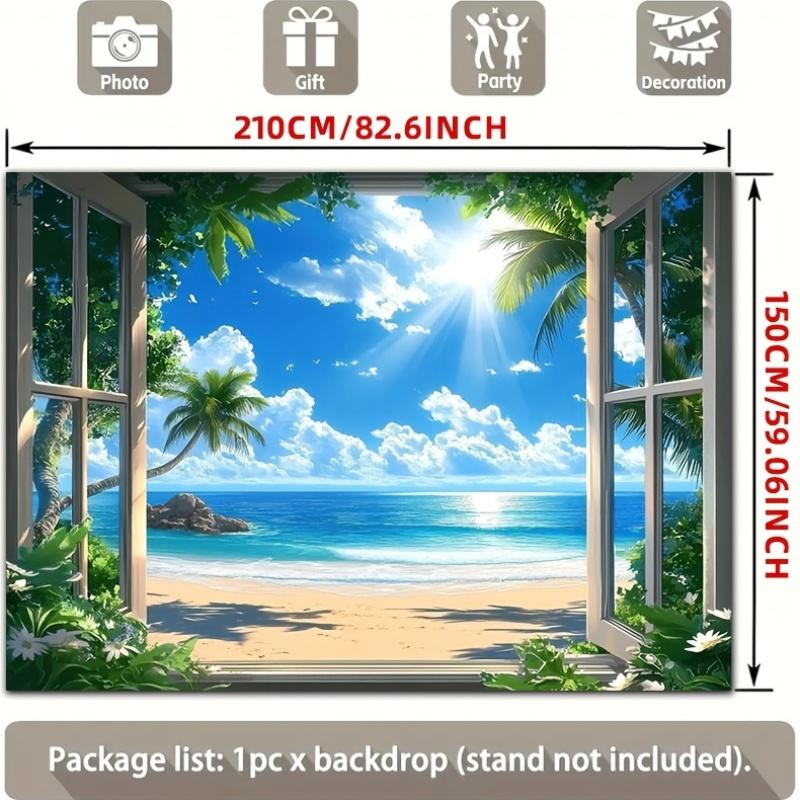 2D flat banner, tropical beach window view with palm tree landscape art polyester background fabric