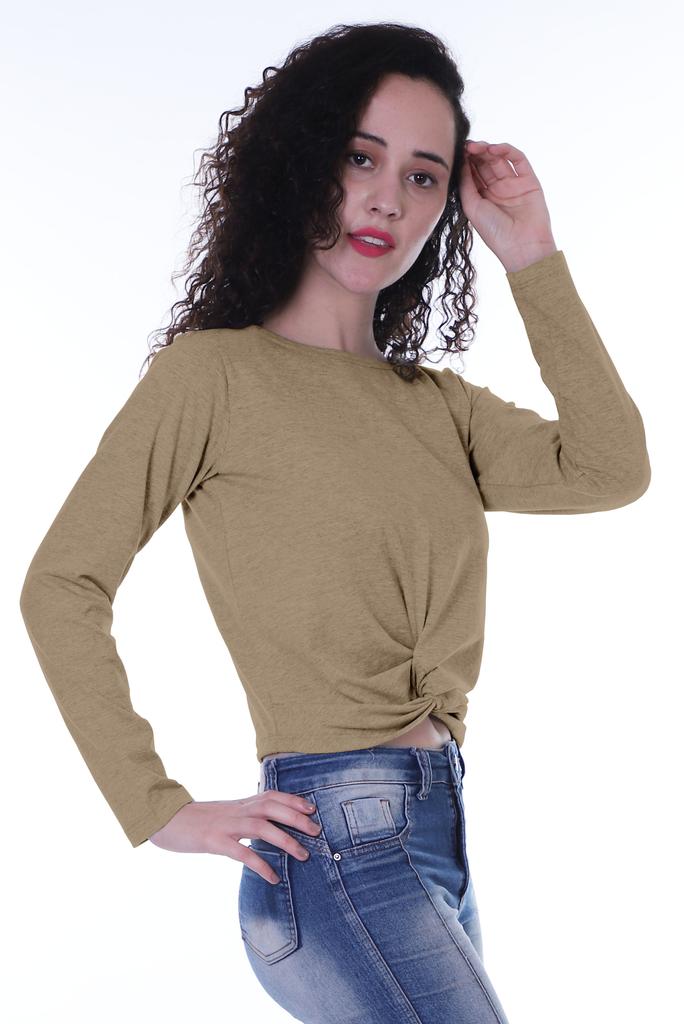 Moomaya Womens Full Sleeves Front Knot Crop Top Summer Tshirt Plain Tee Tops