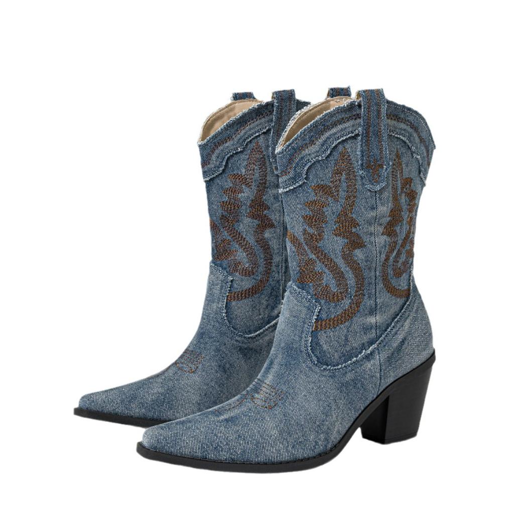 Women's Vintage Fashion Embroidered Pointed-toe Chunky-heel Boots Plus Size Spring Autumn Mid-calf Cowboy Boots