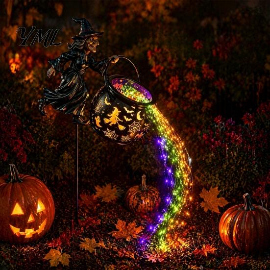 Glowing Yard Art for Halloween Witch Cauldron Light, Flying Silhouette Garden Stake with Colorful Landscape Lighting LED, Spooky Outdoor Decorative