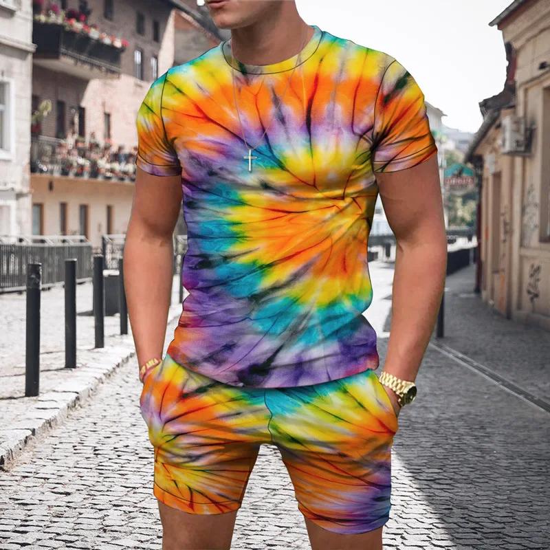 3D Print Multicolor Pattern Summer Men Tracksuits Short Sleeve T-Shirt Suit Fashion Sports 2 Piece Tracksuit Male Clothes