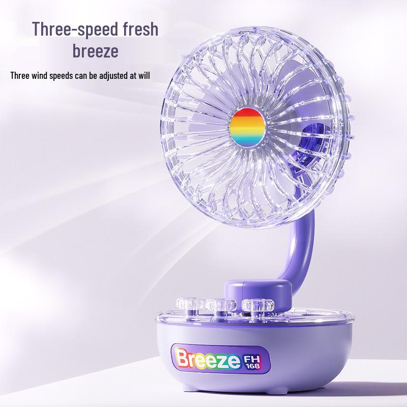 USB Rechargeable Transparent Mini Desk Fan: 3-Speed, Colorful Lights, Portable for Office and Students