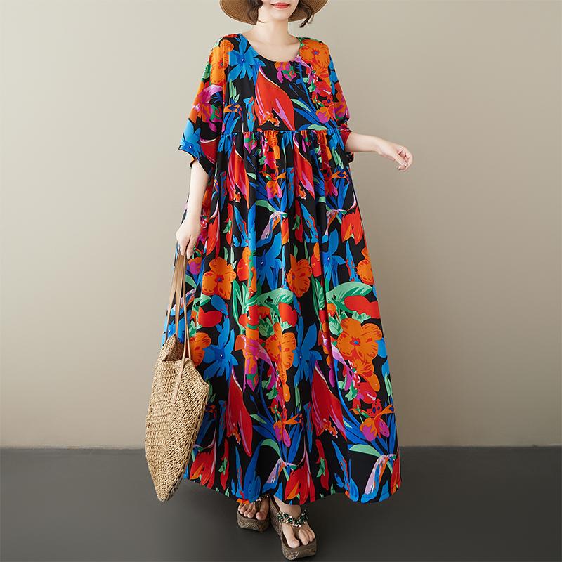 Dimanaf Плюс размер Новое 2025 женское летнее платье с коротким рукавом Базовое повседневное свободное винтажное пляжное длинное платье с цветочным принтом