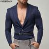 Мужские блейзеры с глубоким V-образным вырезом, длинными рукавами, одной пуговицей, в полоску, тонкие, короткие пальто