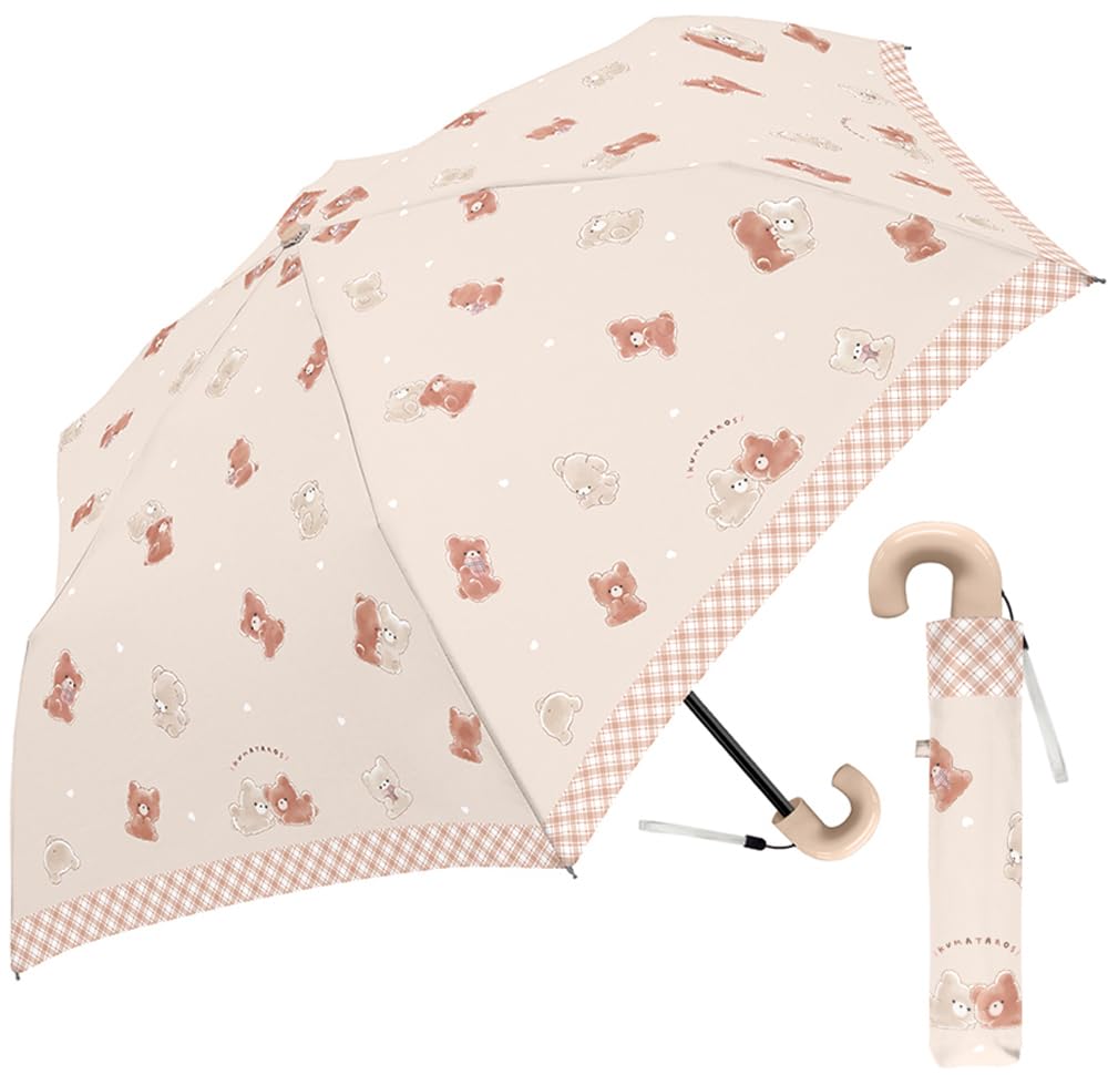 Складной зонт женский компактный, удобный, с J-образной ручкой, милый, Kumatarozu, 50 см, бежевый