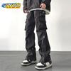 Japan Men's Y2K Striped Trousers Zip Up Cargo Wide Leg Pants Streetwear Sweatpants Jogging Men Track Pants Techwear