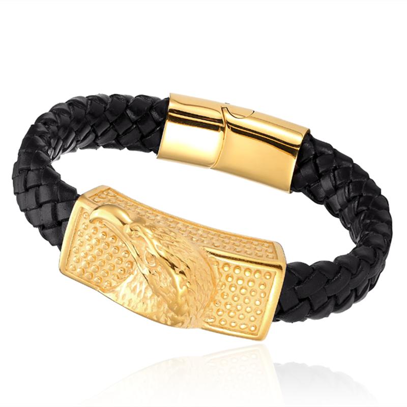 New Punk Design Gold Color Animal Genuine Leather Bracelet Men Female Stainless Steel Lion Wolf Leopard Bangle Wristband Jewelry