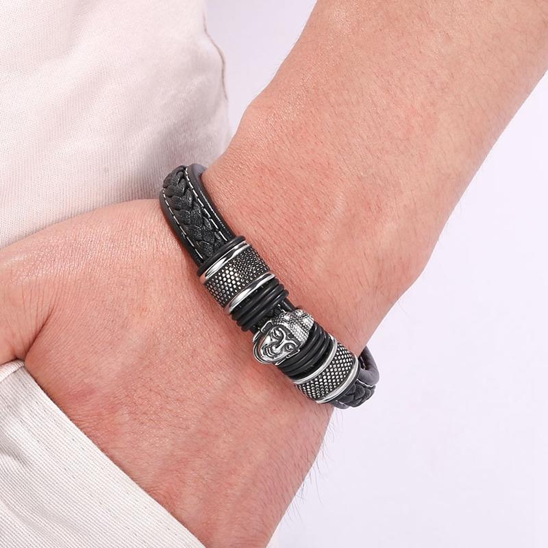 New Punk Men Jewelry Stainless Steel Buddha Head Bracelet Bangle Leather Bracelet Accessories
