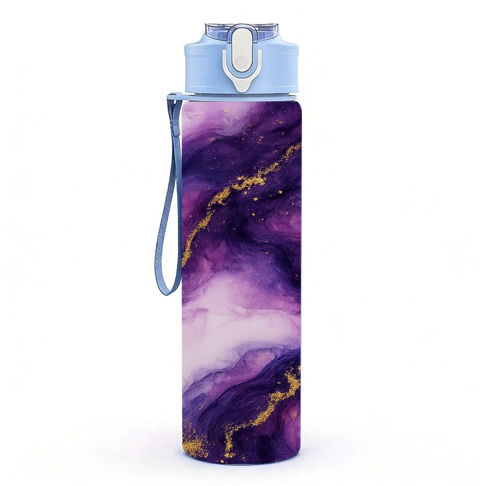 1PC Purple Gold Marble Fluid Texture Print 750ml Color Plastic Sports Water Bottle Leakproof Flip Straw Lid Suitable for Sports Office Home Use