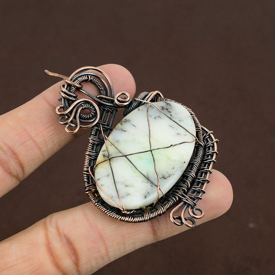 Natural Dendrite Opal Gemstone Handmade Copper Wire Wrap Pendant 2.84" E5U23