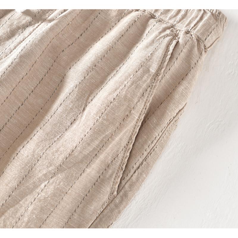 Летние хлопковые льняные мужские брюки, узкие брюки с эластичной талией и завязками на шнурке, повседневные дышащие модные полосатые мужские брюки