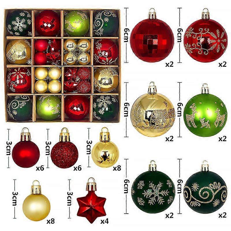 New 44-piece paper box (gold, red, and green) New Christmas balls 44 pieces in a colorful, shaped paper box 3-6cm set Christmas decorations