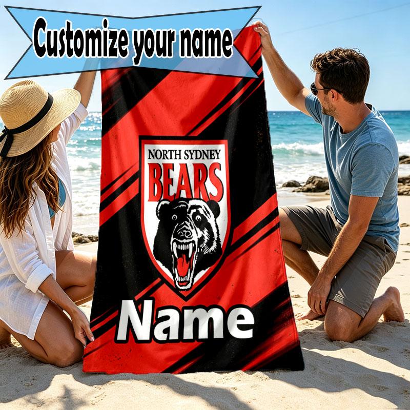 Custom Name Personalized North Sydney Bears Print Beach Towel, for Trip Camping Beach Party Home Decor, Birthday Gift for Family & Friends