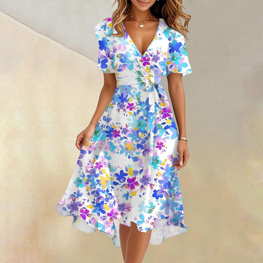 Women's Summer Fashion V-Neck Flared Dress Short Sleeve Floral Dresses