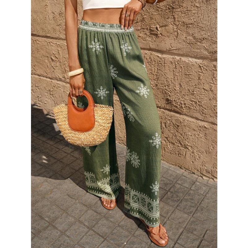 Women S High Waisted Printed Wide Leg Pants Loose Casual Long Trousers Beach Vacation Style