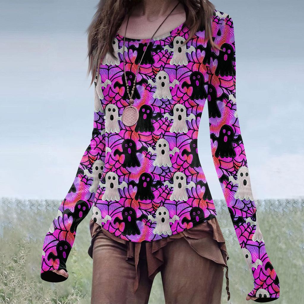 Women's Fashion Casual Mori Slim Long Sleeve Halloween Printed Round-Neck Regular Top