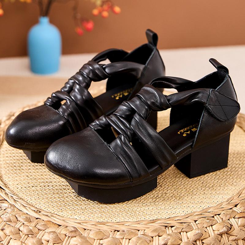 GKTINOO 2025 Новые женские сандалии Летние сандалии-гладиаторы из плетеной натуральной кожи в стиле ретро с круглым носком и повседневным высоким каблуком