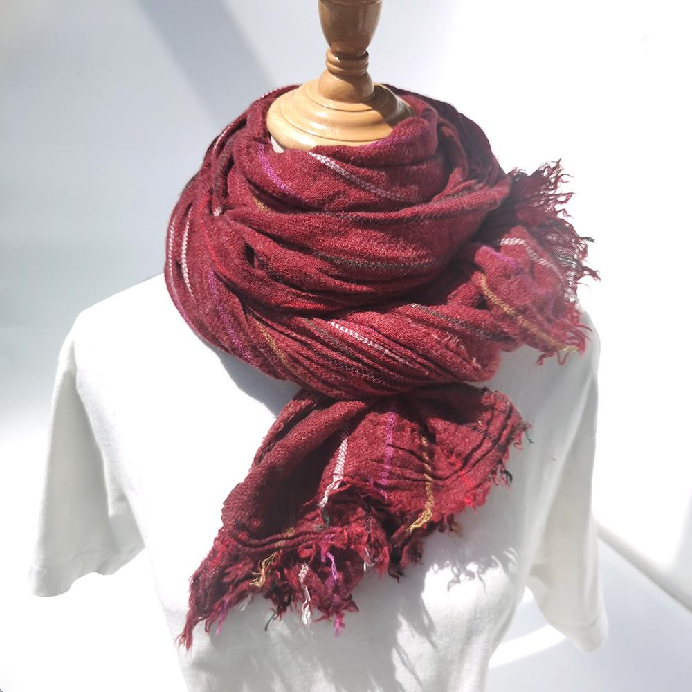Custom-spun Autumn and Winter New Wool Scarf Women's Striped Yarn-dyed Warm Scarf Retro Literary and Versatile Shawl Decoration