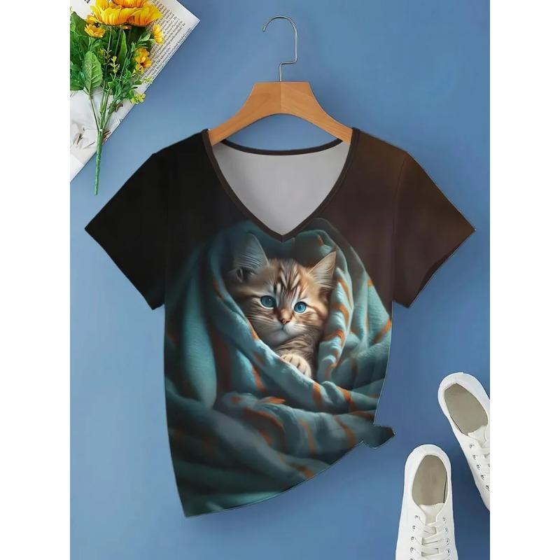 Женская футболка с V-образным вырезом, напечатанная на 3D-принтере, с рисунком котенка, универсальная, летняя, свежая, женская версия, дышащая, машинная стирка, топ для улицы