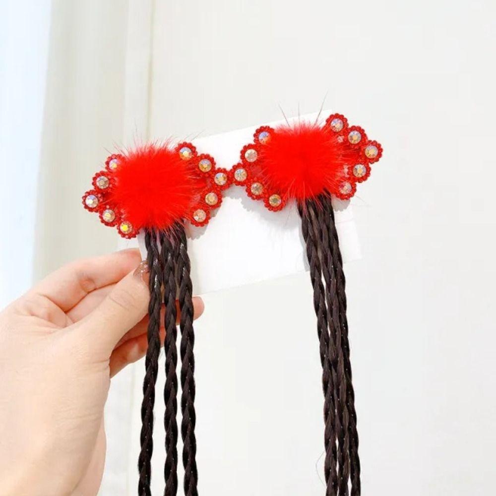 2pcs Hanfu Headdress Children Red Hairclip Flower Tassel Bow Wig Braid Hairpin New Year Headwear