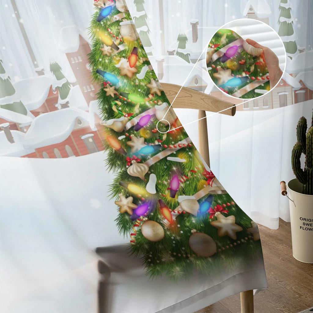 Bells Christmas Tree Snow Village Sheer Curtains for Living Room Decoration Window Curtains Kitchen Tulle Voile Curtains