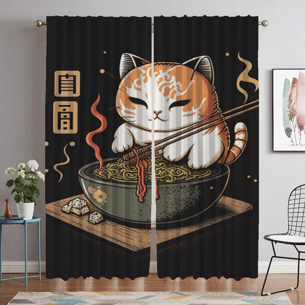 Sushi Cat Blackout Curtains for Camera Partition Elegant Room Curtains 2 Pieces Halloween Decoration Tulle for Bedroom Shades