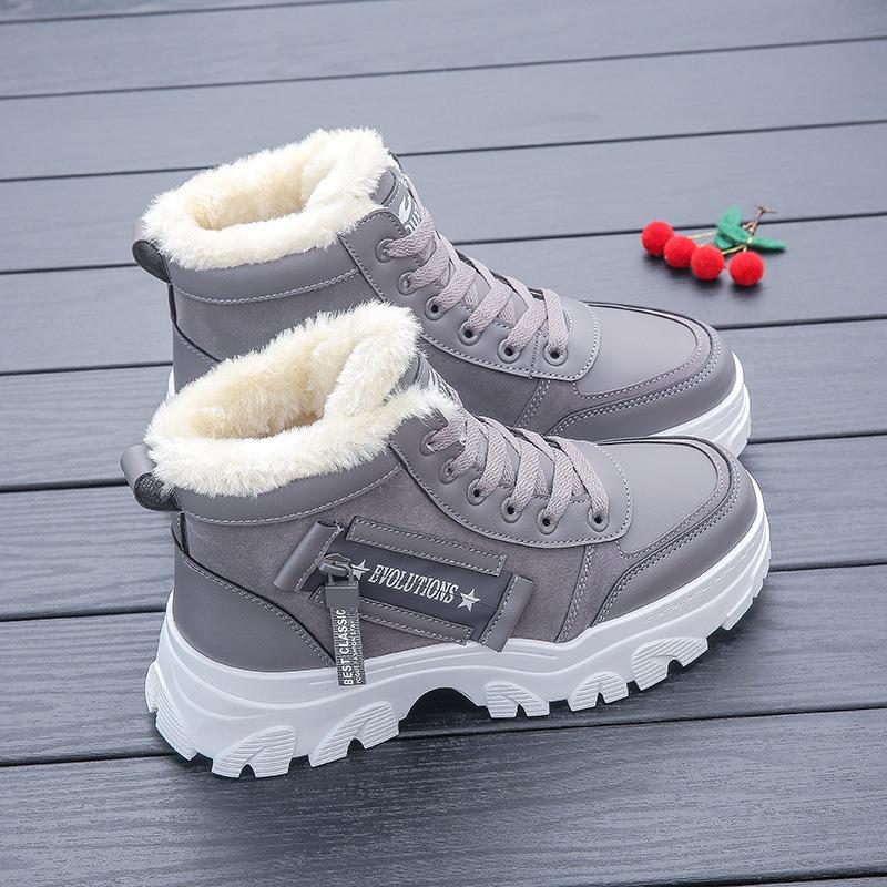 2024 Winter New Womens Shoes Fluffy High-top Cotton Boots Warm Snow Boots Flat Short Boots Female Thick Lace-up Casual Sneakers