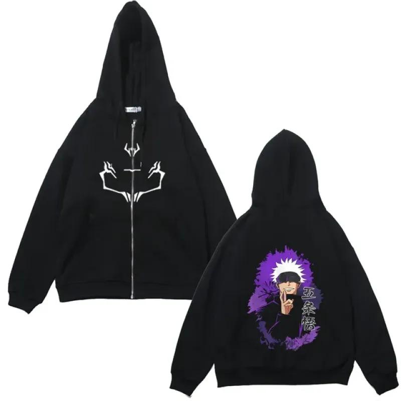 Куртки на молнии в стиле аниме, толстовки с принтом Jujutsu Kaisen, флисовые толстовки с принтом Satoru Gojo, манга, повседневные пальто, уличная одежда, одежда Y2K