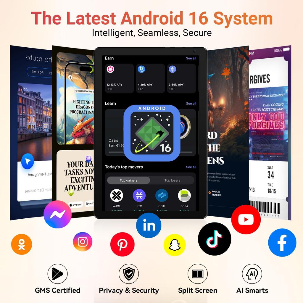 Планшет Android 16, 10,1 дюйма, 30 ГБ ОЗУ + 128 ГБ ПЗУ, батарея 5000 мАч