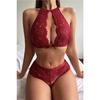 Женский бордовый с красной спиной и кружевом с подробным элегантным бюстгальтером и трусиками