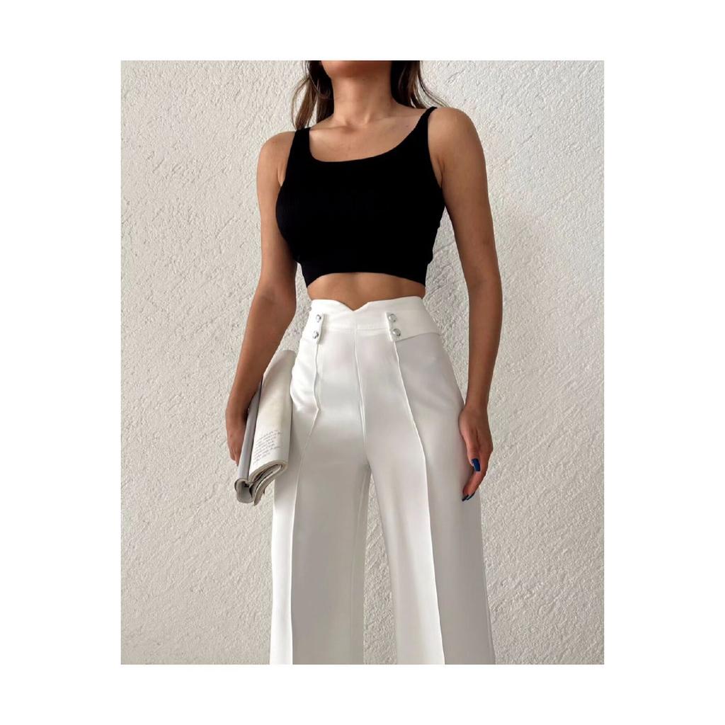Women's High Waist Palazzo Buttoned Detail Slim Fit Pants