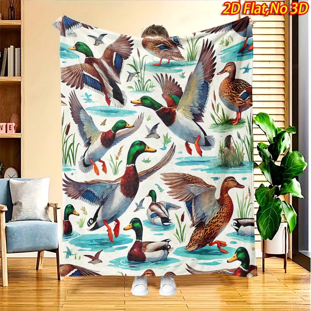 1pc 2D Flat Printing Spring & Summer New Arrival Wild Duck and Waterside Plants Pattern Digital Print Blanket, Suitable for All Seasons, Casual Throw