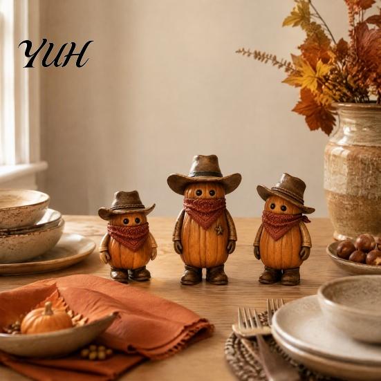 Decorative Square Scarves 3PCS Western Cowboy Pumpkin Figurine, Retro Man Statues with Hat, Festive Home Accents Fall Thanksgiving Halloween Tabletop