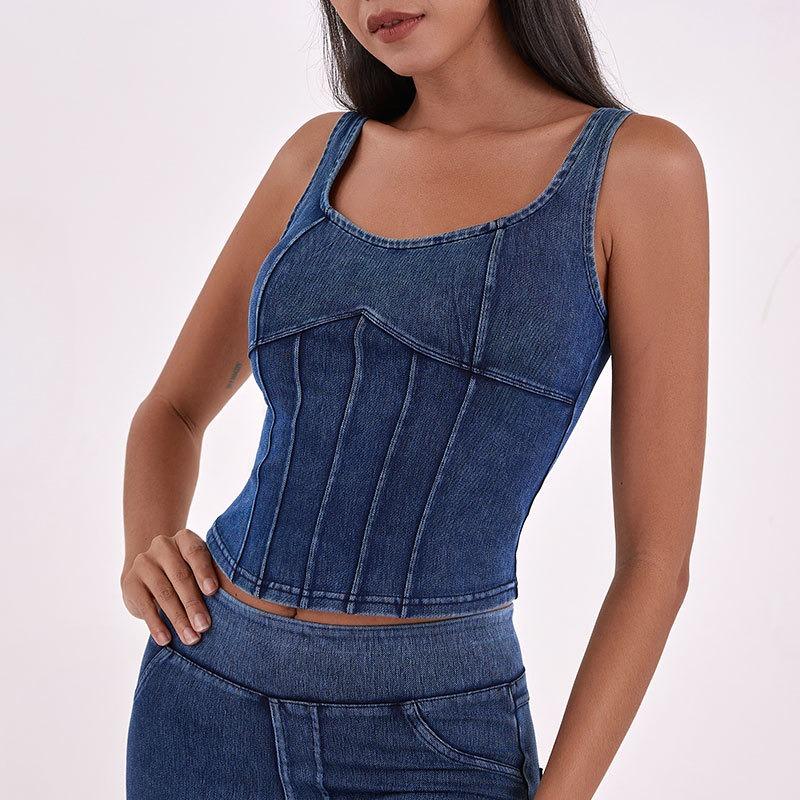 Spring and Summer Women's New Denim Stretch with Chest Pad Sports Wear Fitness Yoga Camisole