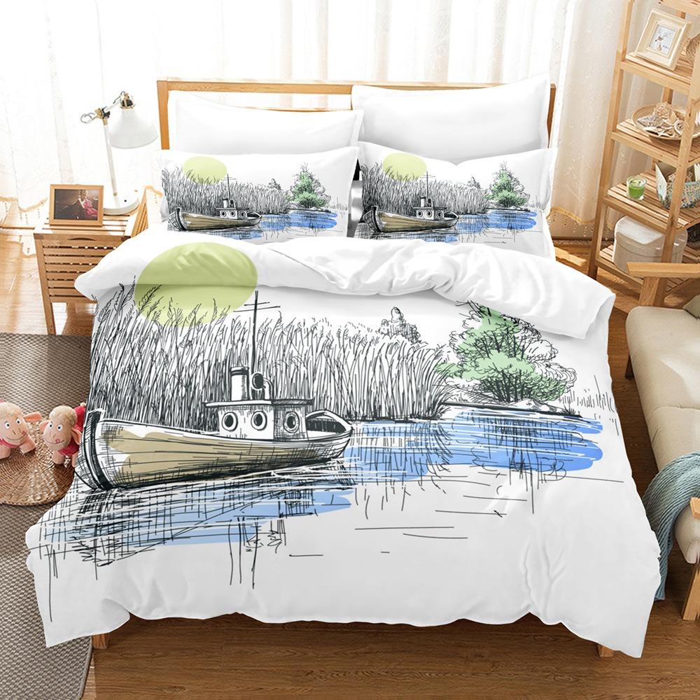 Sailboat Print Duvet Cover and pillowcase, 2/3Pcs Nautical Bedding Set for Bedroom Decor, Perfect Housewarming Gift