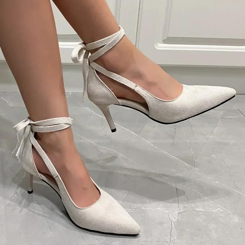 2024 Высококачественная женская обувь Однотонные женские туфли на высоком каблуке Модные туфли с острым носком на шнуровке на шпильке Свадебные женские туфли на высоком каблуке