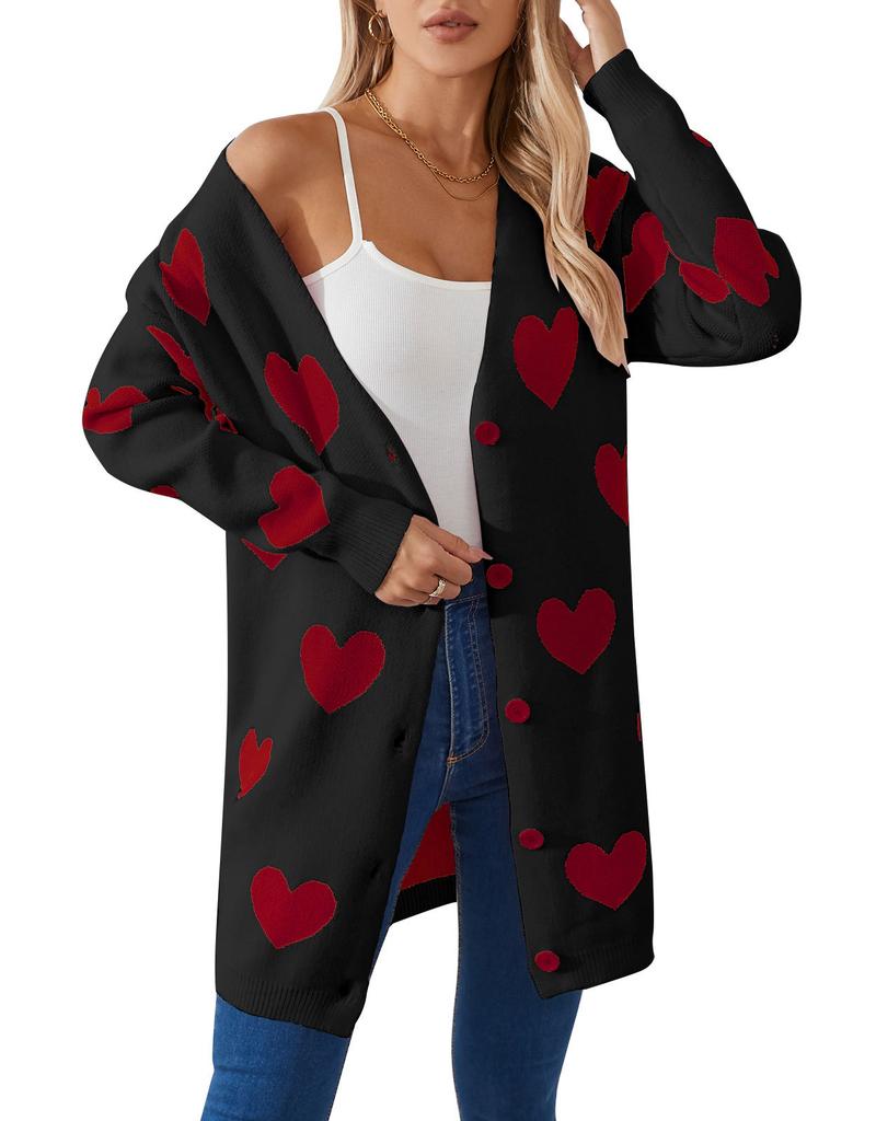 European And American New Valentine'S Day Sweater Women'S V-Neck Button Love Knitted Cardigan Medium And Long Coat
