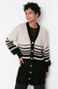 Women's Fashionable Stylish Hijab Cardigan Black and White Striped Bone Button Detailed Knitwear Cardigan