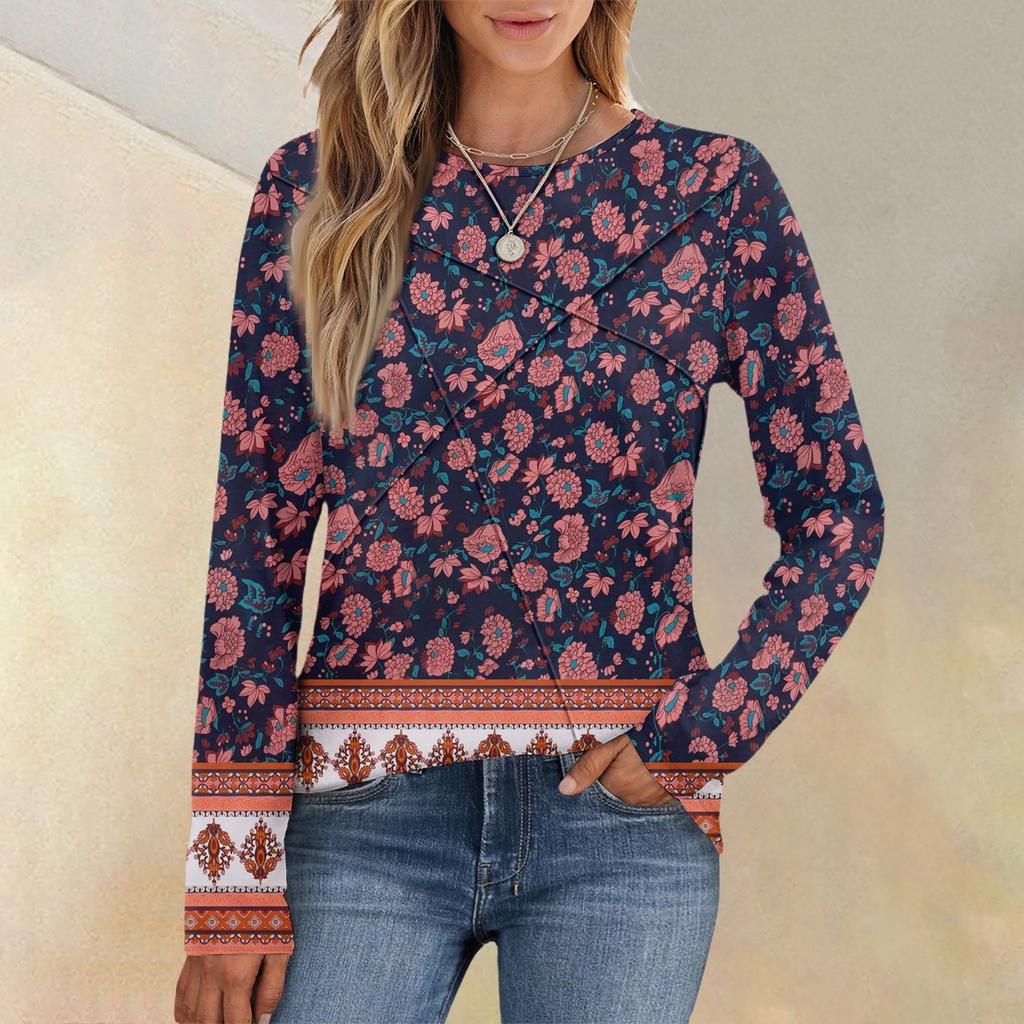 Fashion Women's Long Sleeve Round Neck CasualPleated Floral Print Loose Top