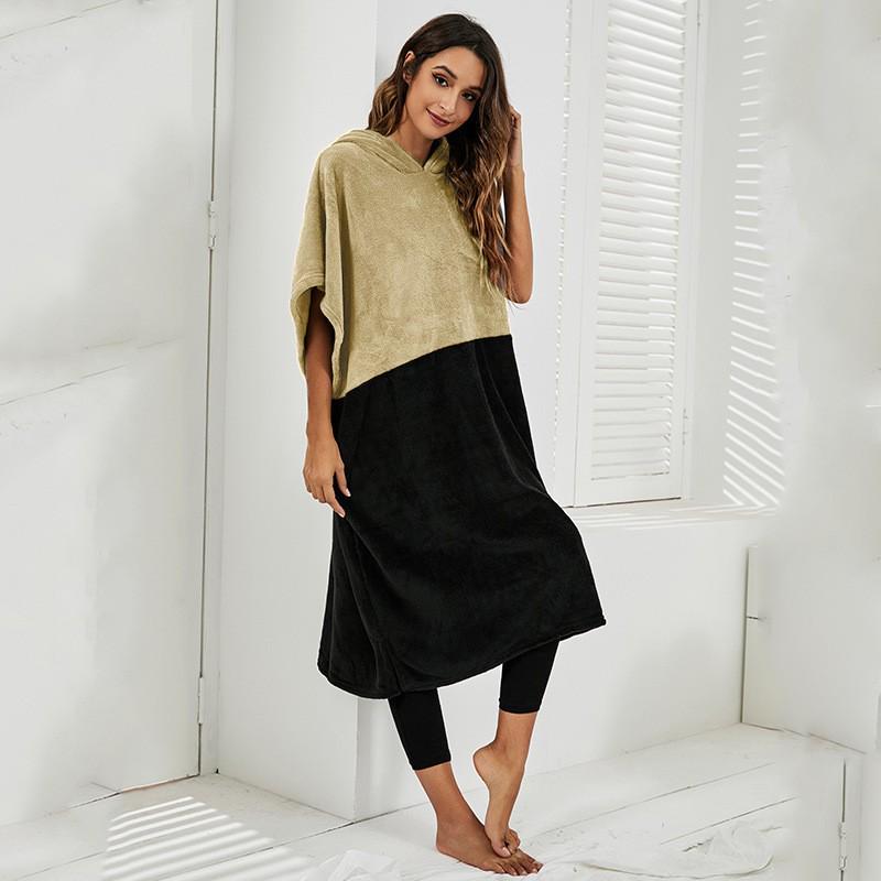 «Летний двухцветный повседневный халат из кораллового флиса с капюшоном»