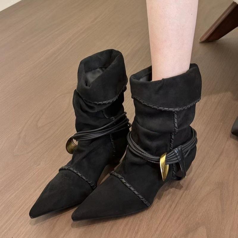 Vintage Maillard temperament suede pointed metal buckle piled boots women's autumn and winter woven two-wear short boots