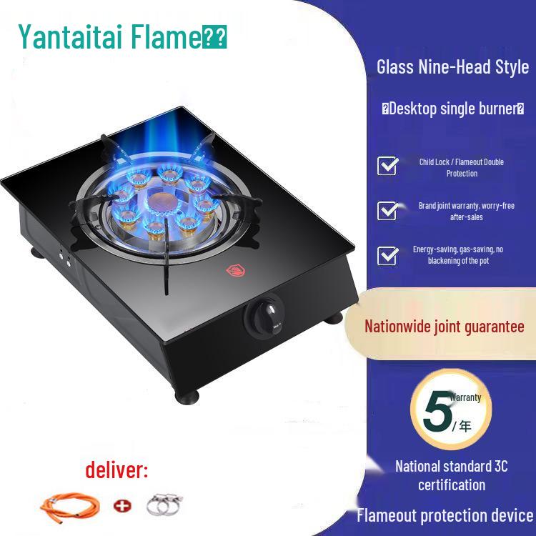 Single Burner Desktop Gas Stove with Flameout Protection - Nine Heads, Strong Flame for Natural and Liquefied Petroleum Gas.