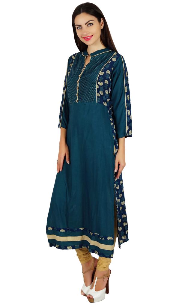Bimba Women Blue Chic Style Tunic Indian Designer Kurta Kurti Boho Collar Neck Custom