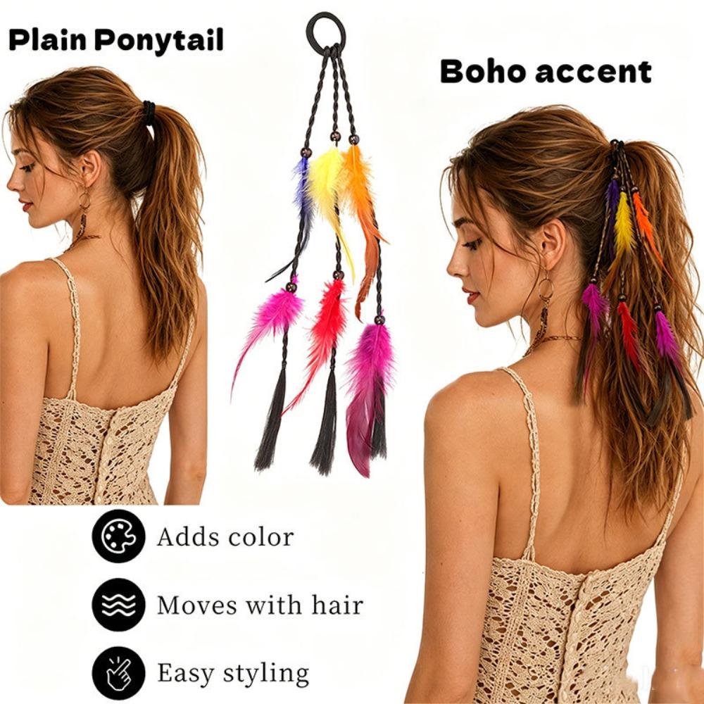 2pcs Rubber Band Headband Bohemian Feather Hair Extensions Twist Braid Ponytail for Halloween