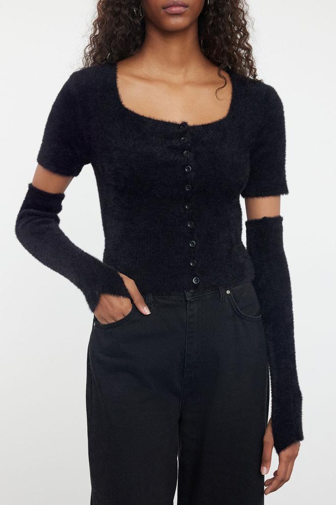 Женский кардиган в элегантном стиле, черный укороченный пушистый трикотажный кардиган