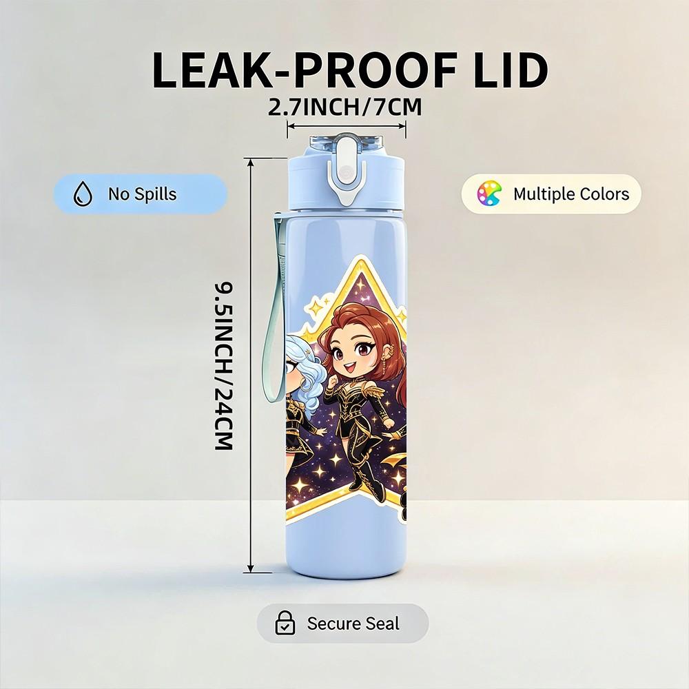 1PC Star Frame Chibi Character Group 750ml Color Plastic Sports Water Bottle Leakproof Flip Straw Lid For Sports Office Home Use